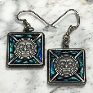 Vintage Signed Duri Square Pewter Abalon Tribal Motif Face Dangle Drop Earrings